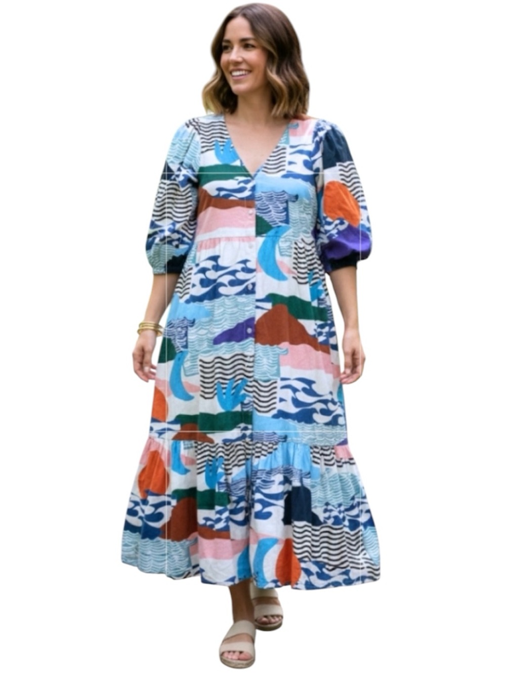 Tuckernuck Oliphant Flutter sleeve Maxi Dress Mountain Lake Sunset Moon Multi XL